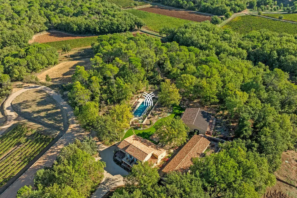 Aerial view of the Hameau Font estate in the green Provence countryside