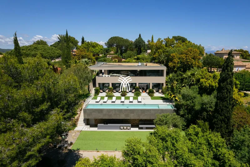 Aerial view of Villa Texas, its pool and the surrounding pines